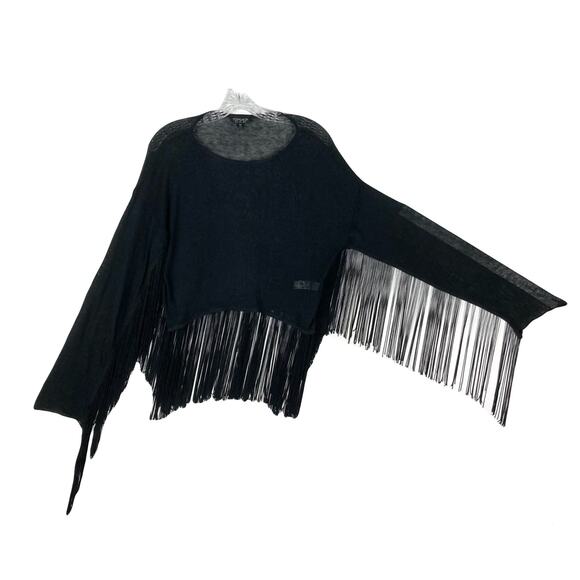 TOPSHOP Top US 8 Black Fringe/Tassels Hem&Long-Sleeve Crop Loose-Knit Cotton - Picture 1 of 11